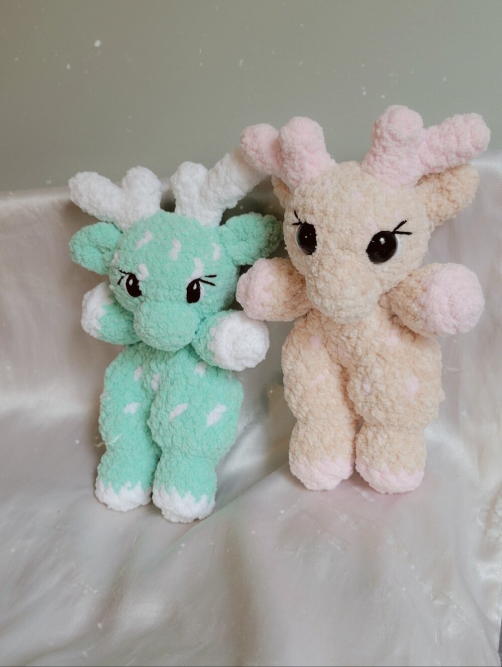 Handmade Crochet Snuggler. Mint Green Deer And Tan With Pink